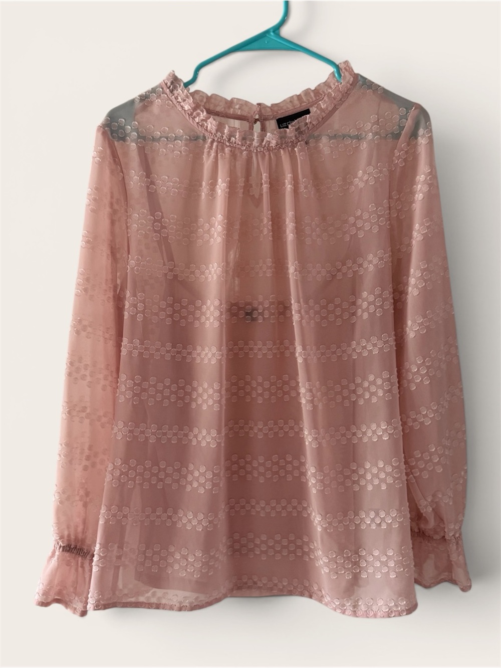 Lightweight Pink Sheer Blouse with Ruffle Neck